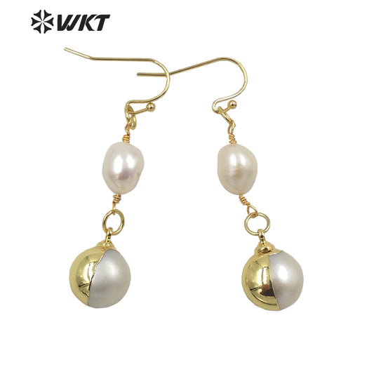 WT-MPE057 Elegant Style Long Dangle Natural Freshwater Pearl Earrings Fashion Chic Round Pearl Gold Pearl Earrings
