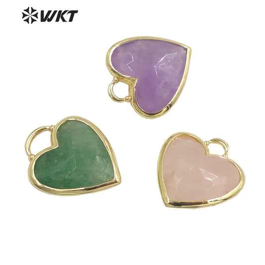 WT-P1857 Newest Lovely Small Size Gemstone Made Heart Pendant Fashion Gold Bezel Natural Handmade Amethyst Stone Heart Charms
