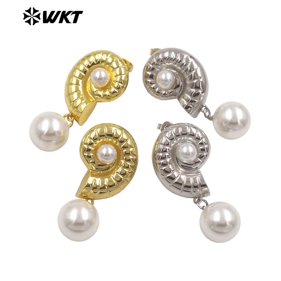 WT-ME132 Fashion Gold And Silver Plated Shell Shape Double Designs Brass With Artificial Pearl Earrings For Women Daily Wearing