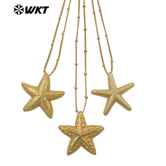 WT-N1518 Trendy Ocean Series Gold Electroplated Metal Yellow Brass Starfish Pendant Necklaces As Female Jewelry Wearing