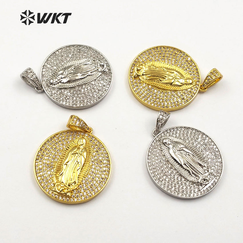 WT-MP106 New Arrival Gold or Silver Color for Women Virgin Mary Medallion Pendant Round Shape Dainty Cubic Zirconia Pave Pendant