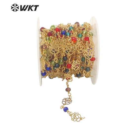 WT-RBC216 Amazing Gold Colorful Crystal Beads Rosary Chain with Rose Flower Chains DIY Jewelry Findings Beads Chain by Meters