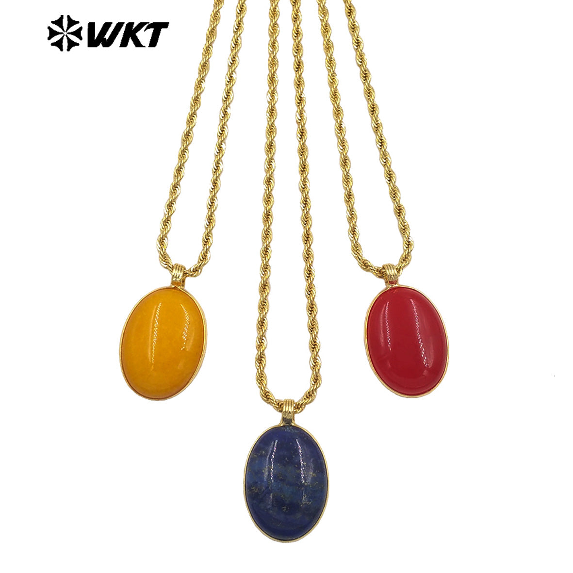 WT-N1539 Good Quality Yellow Brass Gold Plated Chain With Natural Gemstones Round Pendant Necklaces For Simple Style Jewelry