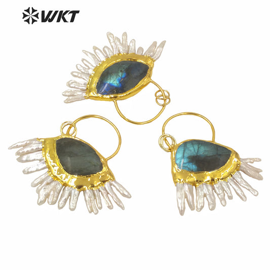 WT-P1588 Wholesale Amazing Natural Freshwater Pearl and Labradorite Stone Pendant Gorgeous Statement Women Gold Stone Pendant