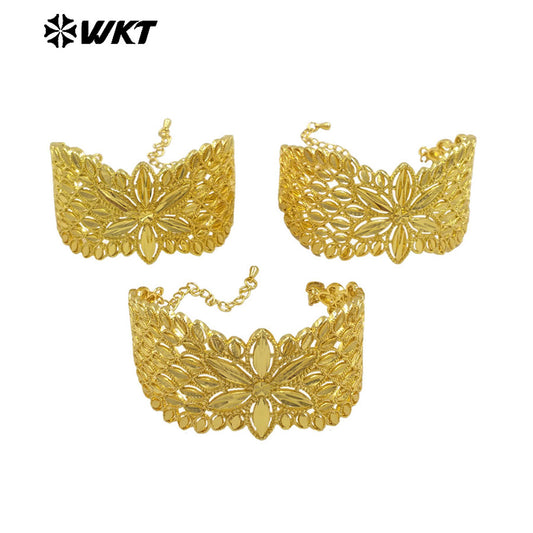 WT-B676 New Stock Arrival 18K Gold Plated Natural Brass Delicate Flower Wide Adjustable Bracelet for Women As Anniversary Gift