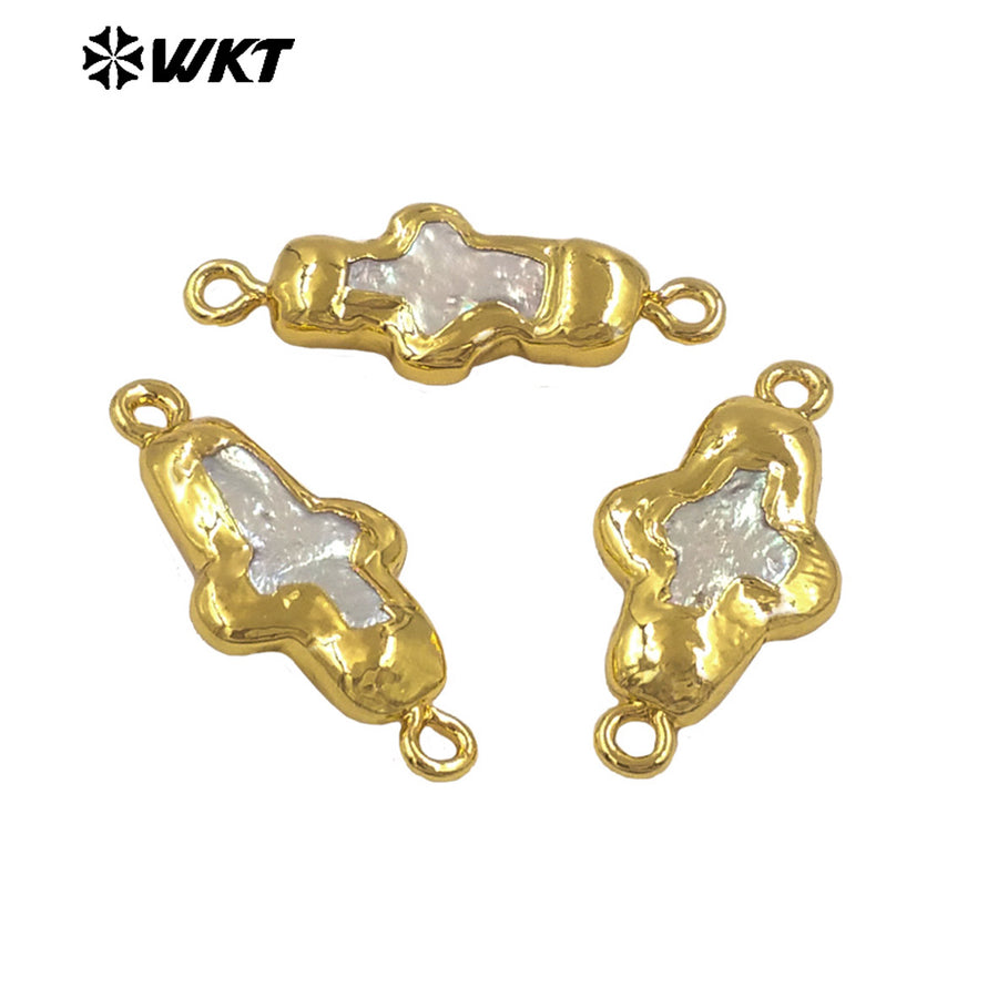 WT-PC018 Newest Exquisite Gold Electroplated Natural Freshwater Pearl Cross Little Connector As Friends DIY Gift Findings