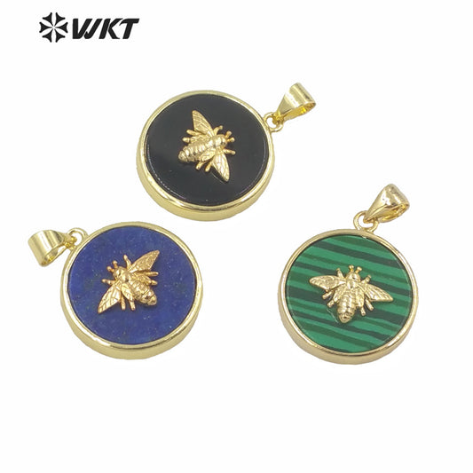 WT-P1576 New Hot Sales Round Stone Charm Pendant Fashion Gold Bezel Bee Stone Pendants Gold Birthday Gift Pendant in 9mm