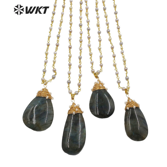 WT-N1216 Wholesale Labradorite Necklace Stone Pendant With Pearl Necklace Fashion Lady Jewelry Natural Labradorite Necklace