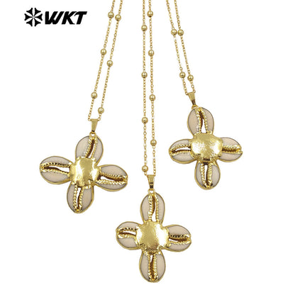 WT-JN296 Wholesale New Products Stylish 18K Gold Plated Natural Cowrie Shell Cross Unisex Necklace for Friends As Birthday Gifts
