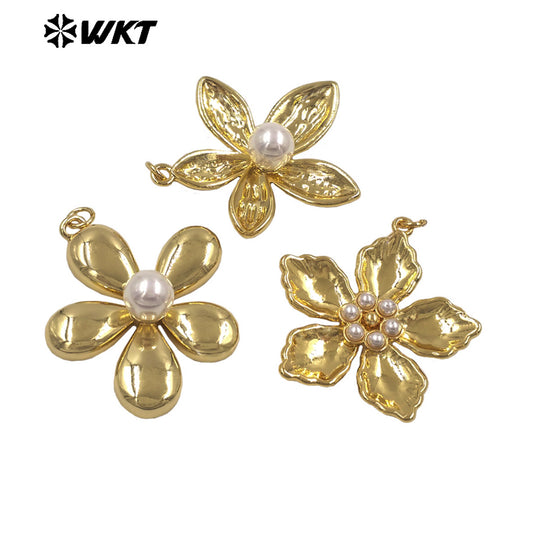 WT-P2079 Boutique Fashion Gold Plated Brass And Artificial Pearl Flowers Shape Pendants As Girls Handmade Jewelry Findings