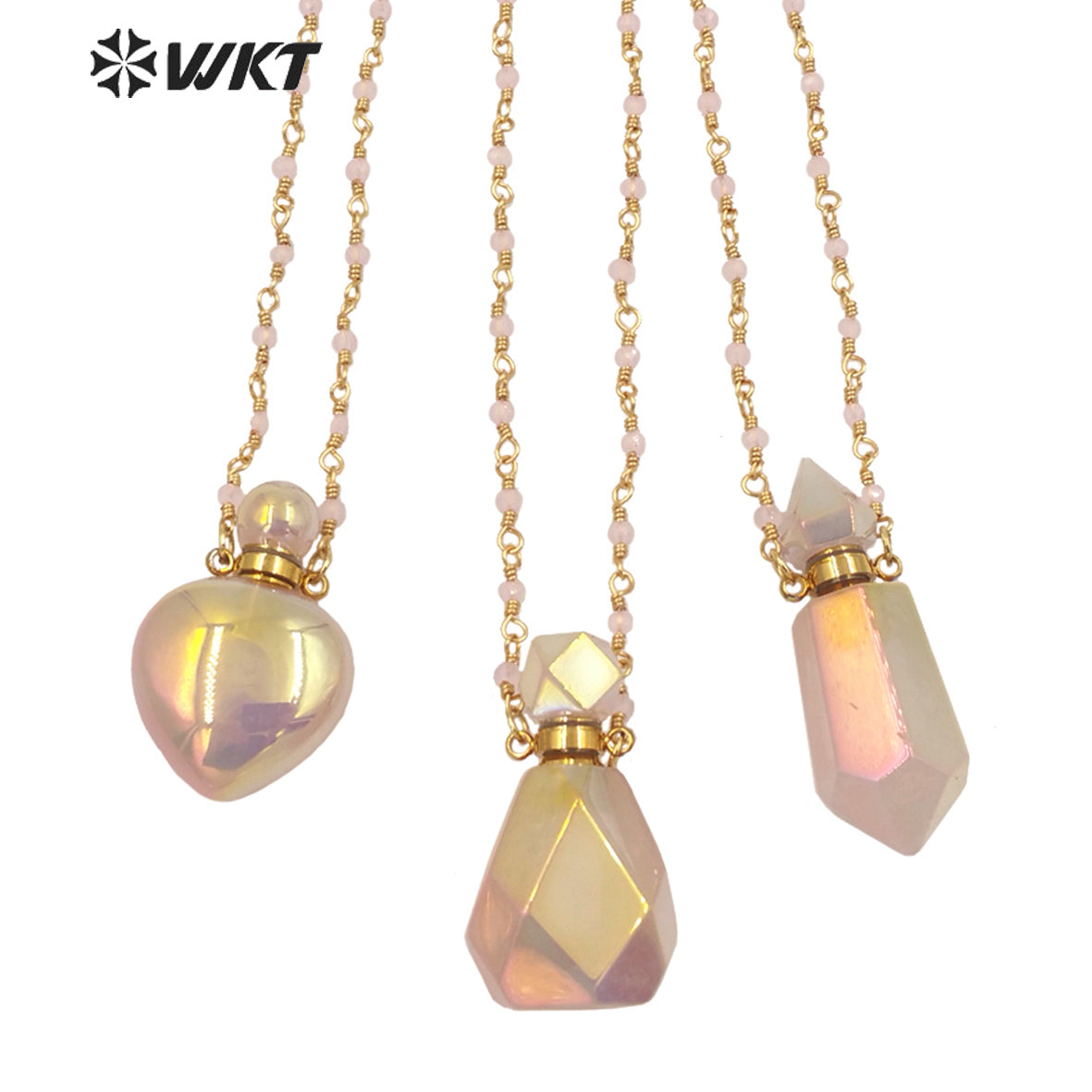 WT-N1331 Ins Hot Amazing Gorgeous Rose Quartz with Aura Perfume Bottle Necklace Essencial Oil Stone Bottle Pink Aura Stone