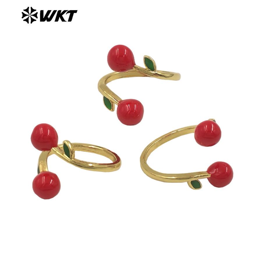 WT-RF010 Popular Sales Fruit Design 18K Gold Electroplated Cherry Ring Romantic Casual Style Women Daily Wearing Jewelry