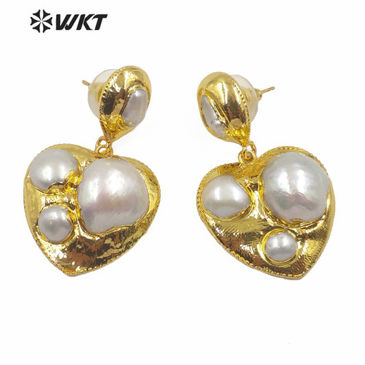 WT-MPE019 Gold Plated Freshwater Pearl Heart Earring Lady Classic Jewelry Natural Pearl Heart Shape Earring