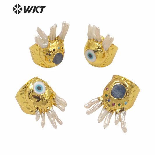 WT-MPR009 Amazing Unique Gorgeous Evil Eye Gold Ring Fashion Lady Punk Style Party Pearl Ring Natural Freshwater Pearl Eye Rings