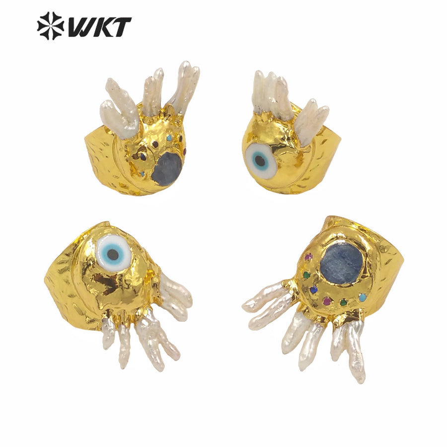 WT-MPR009 Amazing Unique Gorgeous Evil Eye Gold Ring Fashion Lady Punk Style Party Pearl Ring Natural Freshwater Pearl Eye Rings