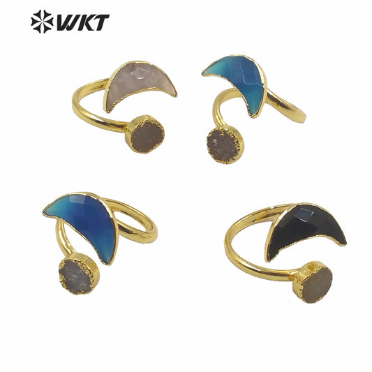 WT-R357 Wholesale Women Double Stone Cock Tail Ring Natural Gold Electroplated Druzy Agate Stone Ring Crescent Horn Stone Rings