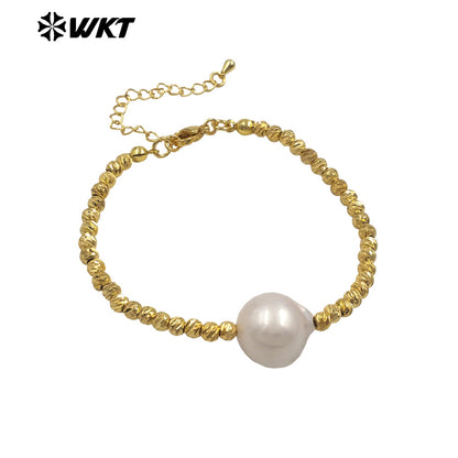 MPB128 Popular Simple Gold Plated Copper Beads With Single Big Natural Baroque Pearl Bracelet For Ladies Elegant Jewelry