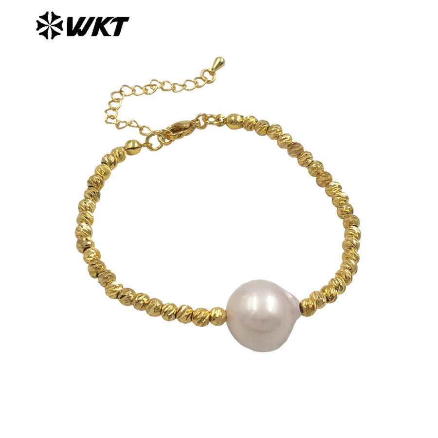 MPB128 Popular Simple Gold Plated Copper Beads With Single Big Natural Baroque Pearl Bracelet For Ladies Elegant Jewelry