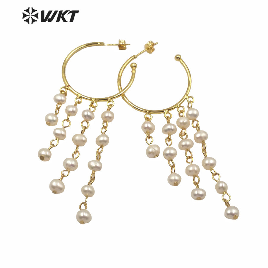 WT-MPE039 Most Hot Sales Natural Freshwater Pearl Beads Statement Earrings Round Hoop Lady Elegant Pearl Earrings