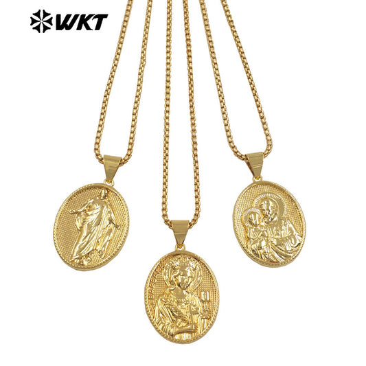 WT-JFN36 Religious Style Pendant Necklace with 18K Gold Electroplated Jesus Patterns High Quality Resist Tarnishable Jewelry