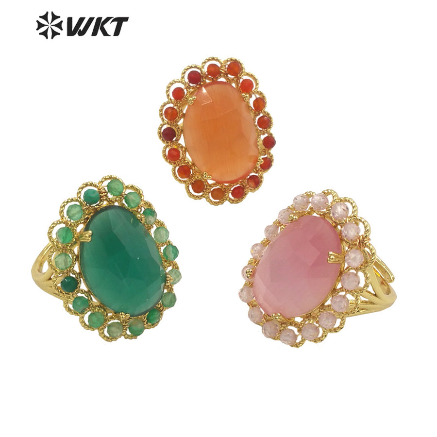 WT-R459 WKT Wholesale New Women 18k Gold Plated Resist Tarnishable Oval Cat Eye Stone Ring Charming Stone Beads Beauty Ring