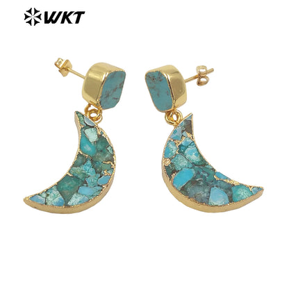 WT-E663 Crescent Shape Copper Turquoise Vintage Earring French 18k Gold Plated Earring for Women Stone Earrings