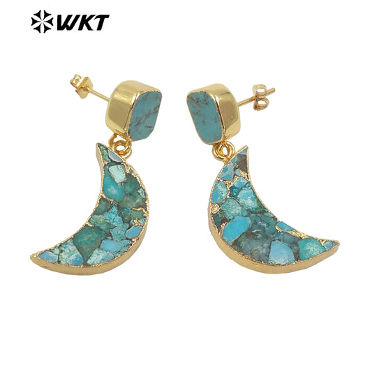 WT-E663 Crescent Shape Copper Turquoise Vintage Earring French 18k Gold Plated Earring for Women Stone Earrings