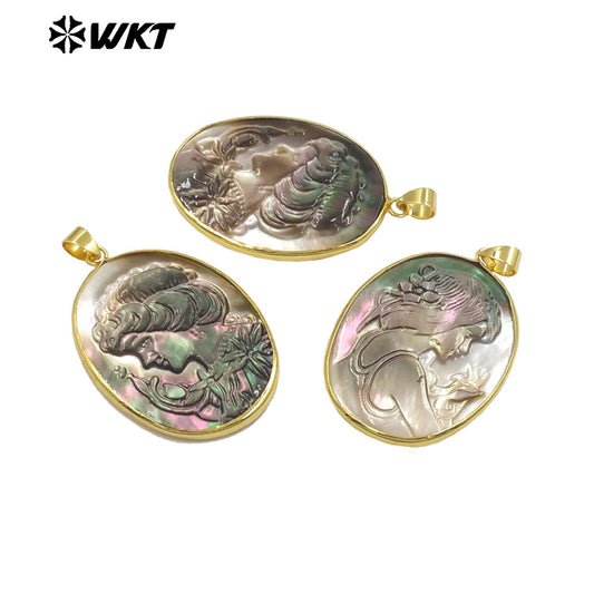 WT-JP426 High Quality Natural Shell Gold Plated Hand Carved Lady Head Pattern Pendant Women Vintage Style Accessories