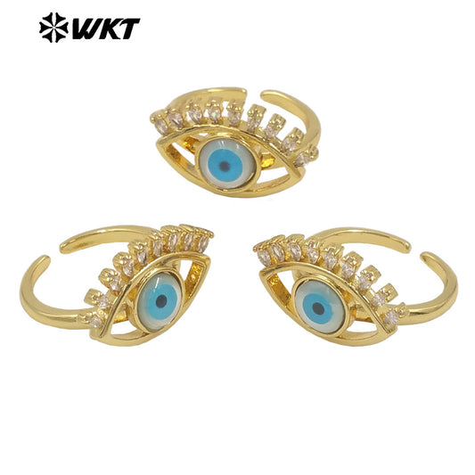 WT-MPR103 Newest Fashion Micropave Cubic Zircon Setting Trendy Gold Plated Turkey Eye Shell Ring in Adjustable Size