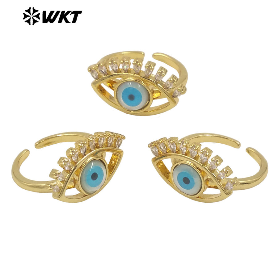 WT-MPR103 Newest Fashion Micropave Cubic Zircon Setting Trendy Gold Plated Turkey Eye Shell Ring in Adjustable Size