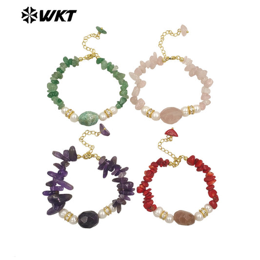 WT-B696 WKT New Arrival Worker Handmade by Natural Nugest Beads Stone Bracelet With Extend Chain Charms Lady Bracelet