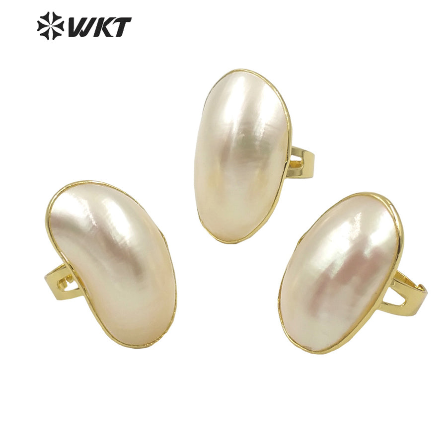 WKT-MPR019 Fashion and Lovely Gold Electroplated Pearl While Dignity Shell Ring for Gift Good-looking Women White Oval MOP Ring