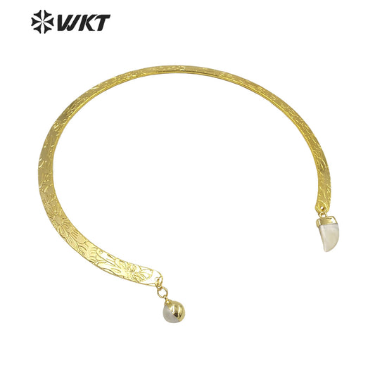 WT-JN205 Newest Fashion 18k Real Gold Plated Resist Tarnishable Cuff Necklace with Pearl Charms Vintage Metal Horn Necklace