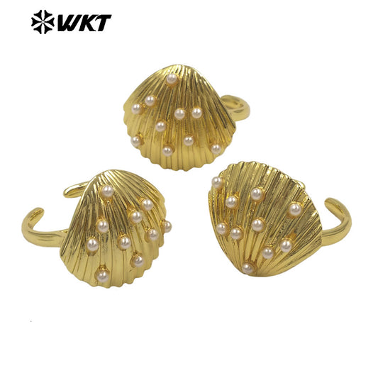 WT-MPR164 Good Quality Vintage Design Gold Electroplated Metal And Artificial Pearl Shell Shape Ring As Daily Decoration