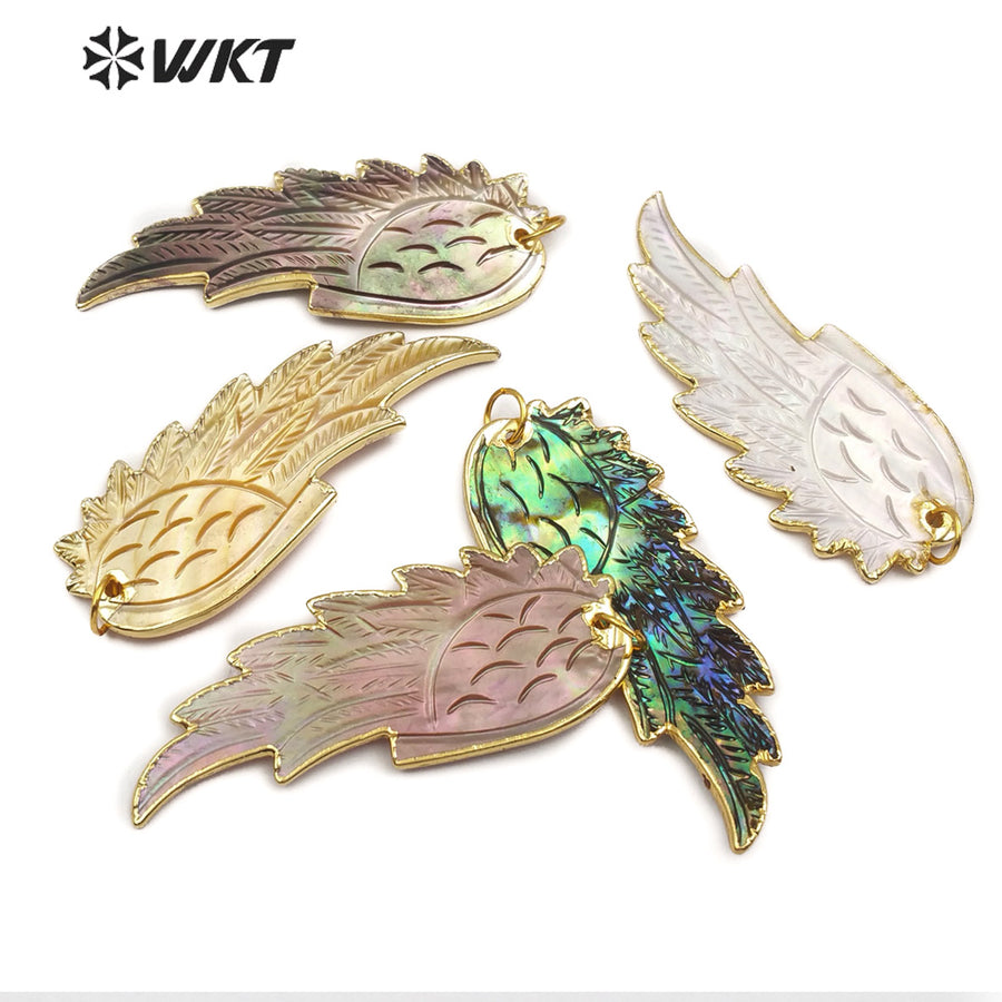 WT-P853 Hot Exclusive Natural Hand Carved Shell Feather Pendant 18k Gold Dipped Shell Feather Pendant