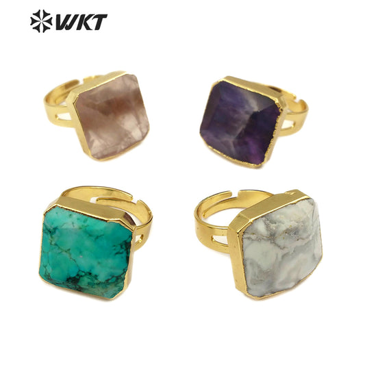 WT-R216 Natural Multi Color Gemstone Gold Electroplated Ring Fashion Adjustable Turquoise Single Stone Ring