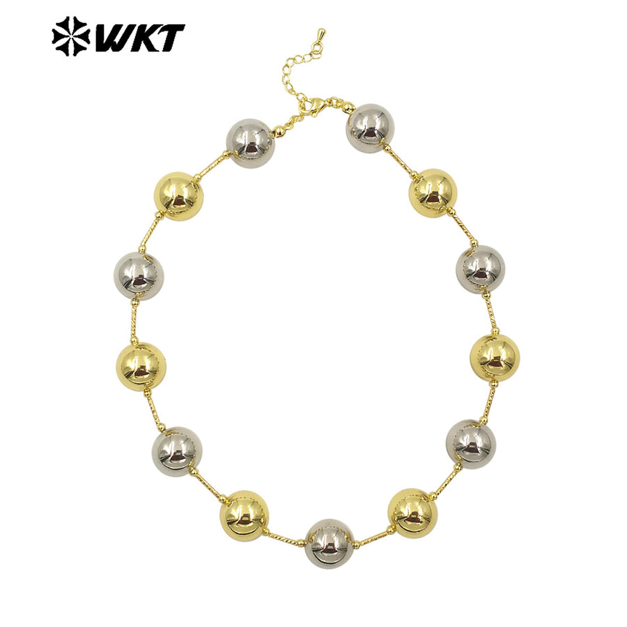 WT-JFN07 Wholesale Fashion 18K Gold Plated Resist Tarnishable Round Big Brass Ball Beads Necklace With Popular Connect Pipe