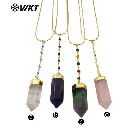 WT-N1180 Newest Natural Rose Quartz Pendant Necklace With Color Beads Chain Fluorite Necklace Fashion Natural Amethyst Necklace