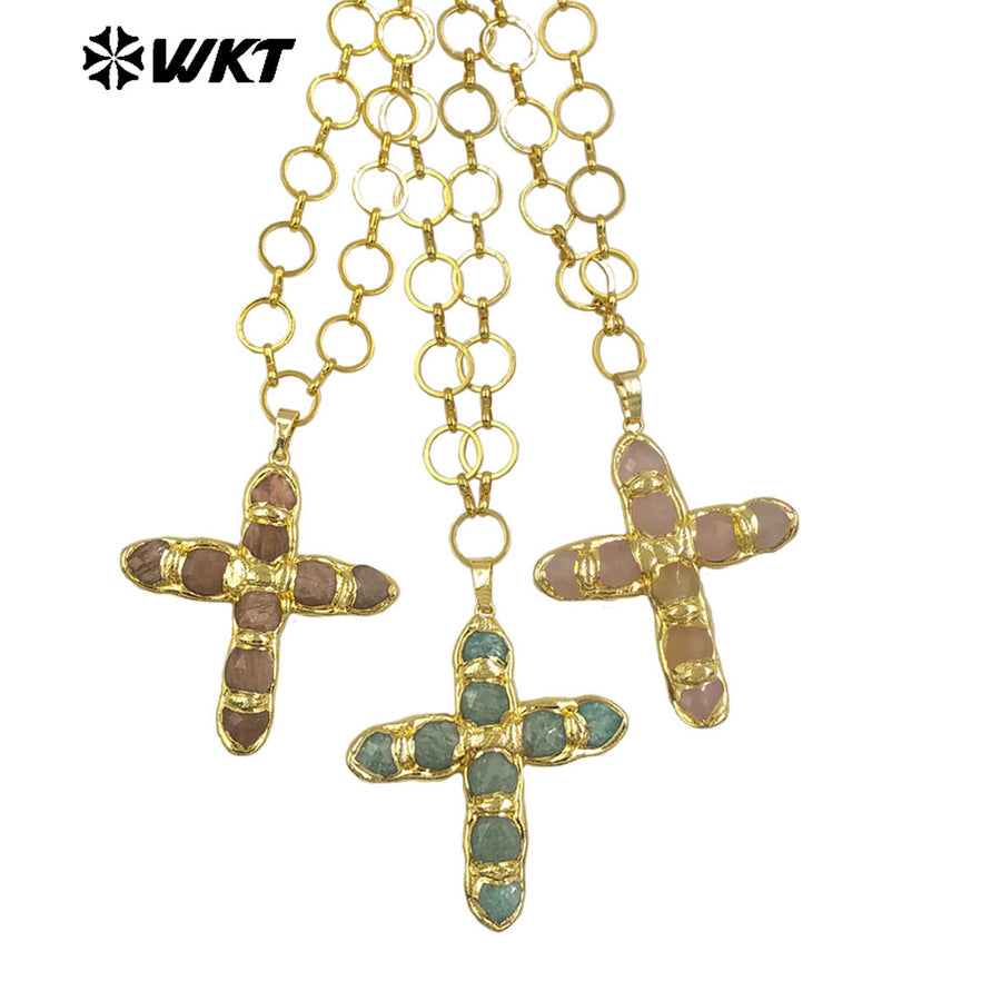 WT-N1491 Amazing High Quality Natural Gemstone Christian Necklace Cross Shape Gold Plated Circle Chain in Multi Colors