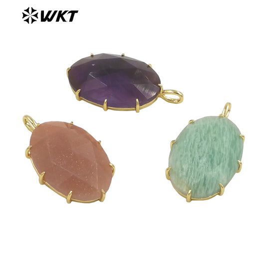 WT-P1912 New Precious Stone Design Pendant 18k Real Gold Plated Claw Setting Oval Amazonite Amethyst Stone Pendants for Birthday