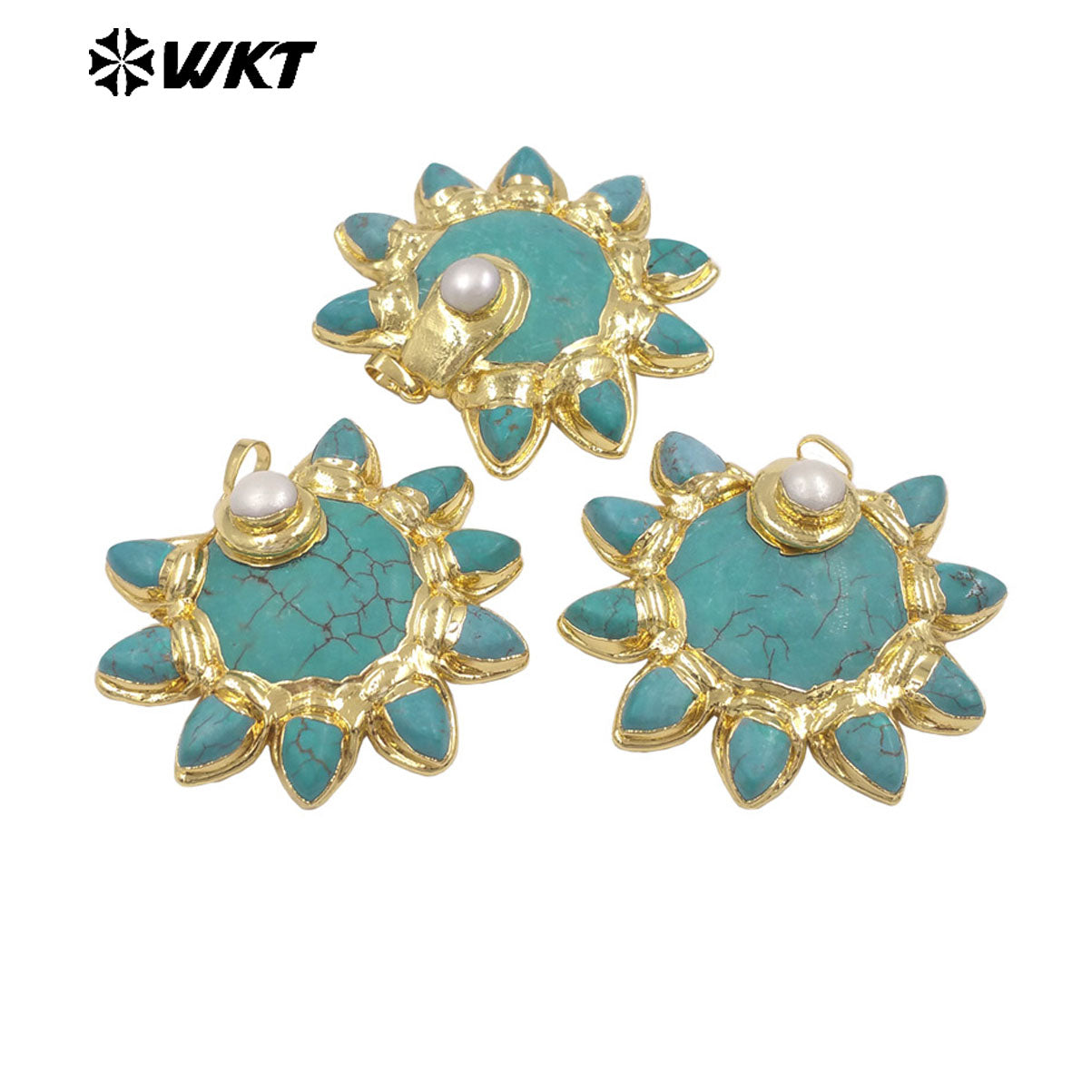 WT-P2032 Wholesale Unique 18K Gold Plated Natural Turquoise And Pearl Sun Shape Pendants For Necklace Making Accessory