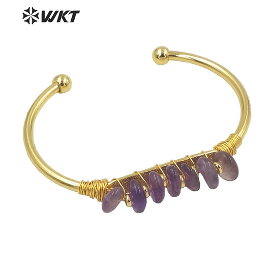 WT-B580 WKT Lovely Popular Gold Electroplated Open Size Cuff Bangle Women Bohemian Natural Gemstone Beads Wire Wrapped Bangle