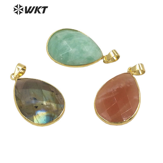 WT-P1896 WKT New Material Design 24MM Diamond Faceted Waterdrop Yellow Citrine Fluorite Stone Pendant for Earring Match