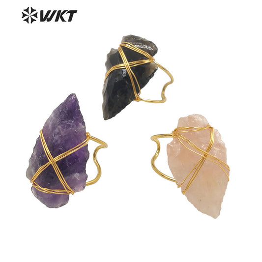 WT-R390 WKT 2022 Boho Style Women Wire Wrapped pink Quartz Arrowhead Ring for Women New Fashion Statement Ring Party