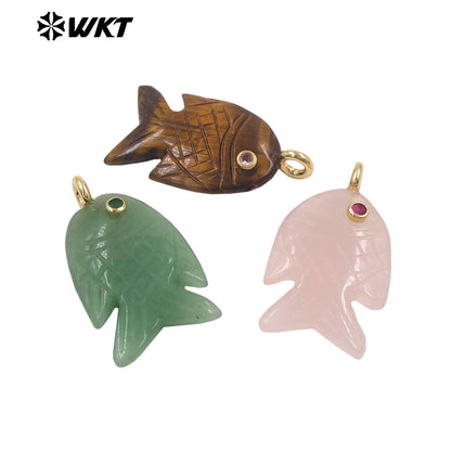 WT-P2137 Hot Sale Multi Natural Gemstones Setting In Zircon Gold Fish Shape Pendants As Women Fashion Necklace Accessories