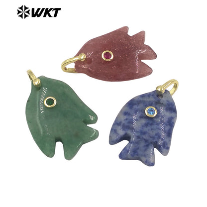 WT-P2106 Interesting Lovely Various Natural Gemstone And Zircon Fish Shape Charms Pendants For Women Fashion Jewelry Making