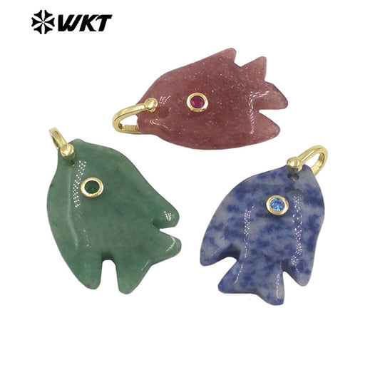 WT-P2106 Interesting Lovely Various Natural Gemstone And Zircon Fish Shape Charms Pendants For Women Fashion Jewelry Making