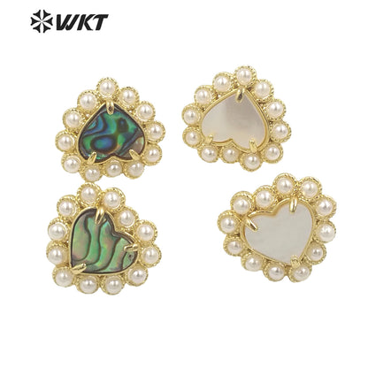 WT-MPE123 Wholesale Gold Plated Artificial Pearl and Natural Abalone Shell Heart Girl Earrings Popular Fashion Boho Studs