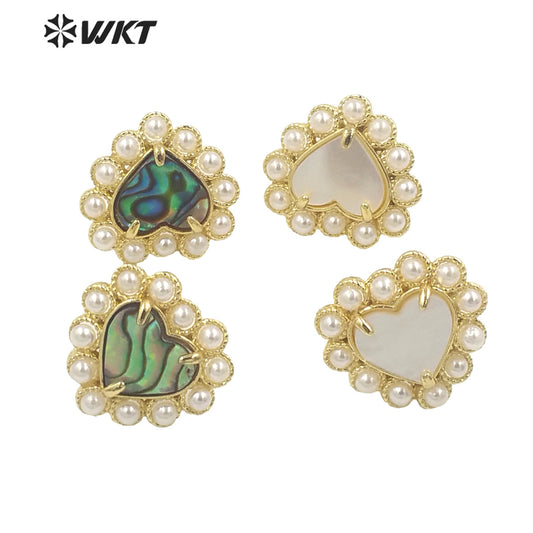 WT-MPE123 Wholesale Gold Plated Artificial Pearl and Natural Abalone Shell Heart Girl Earrings Popular Fashion Boho Studs