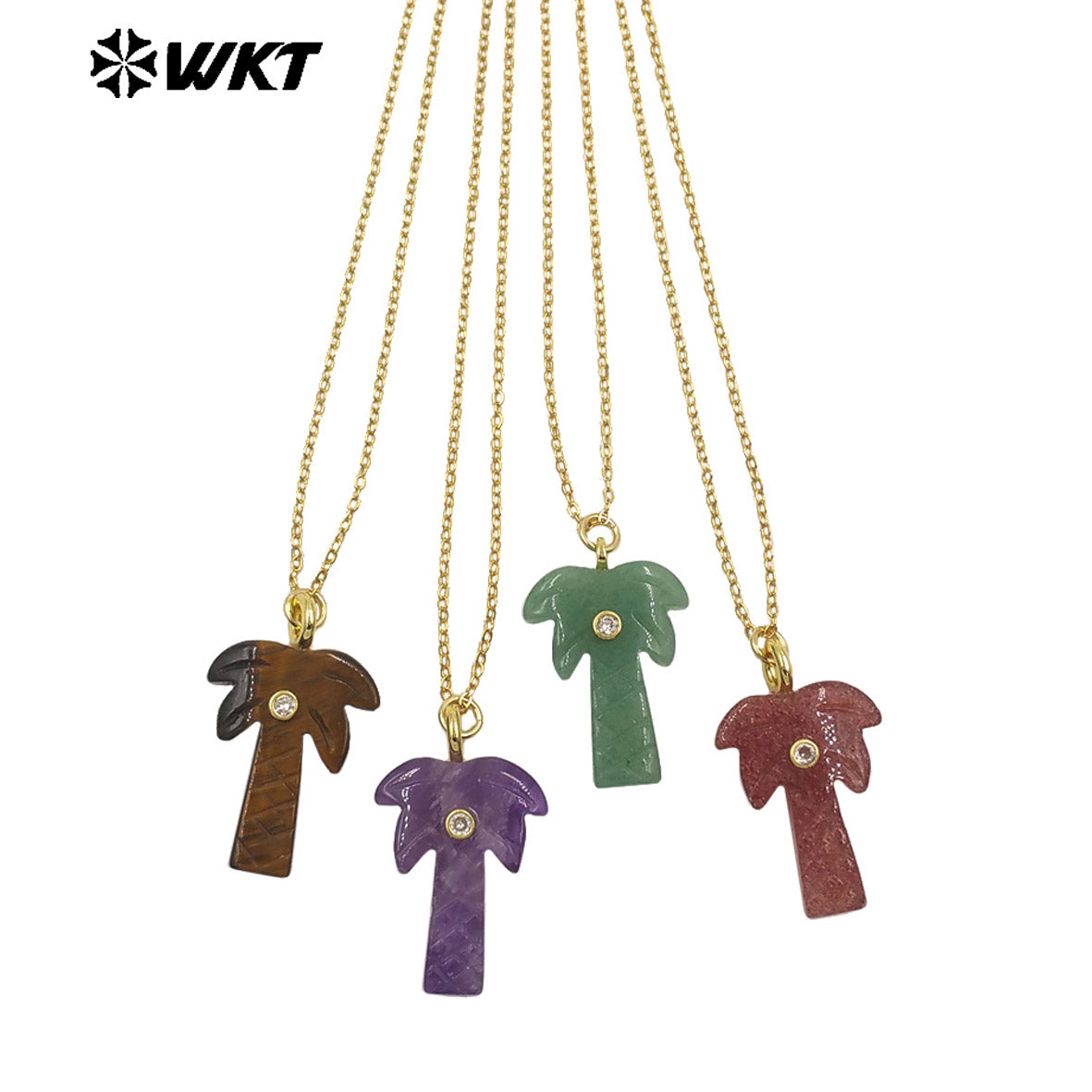 WT-N1534 Amazing Various Natural Gemstones Carved Coconut Trees Shape Charms Gold Necklaces For Women Fashionable Jewelry